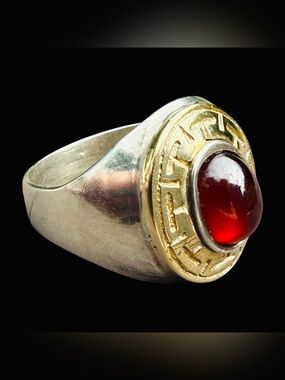 Sz 9 VTG Chateau d'Argent 14k & 925 Greek Key Red Cabochon Signet Ring 8.25g TW